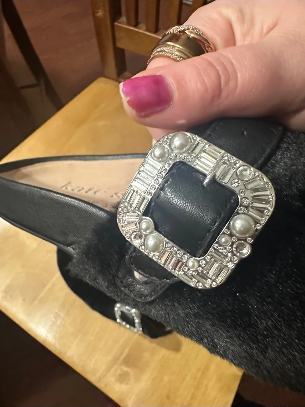 kate spade Black Faux-Fur Slide Mules with Jeweled Buckle Accent Sise 7.5